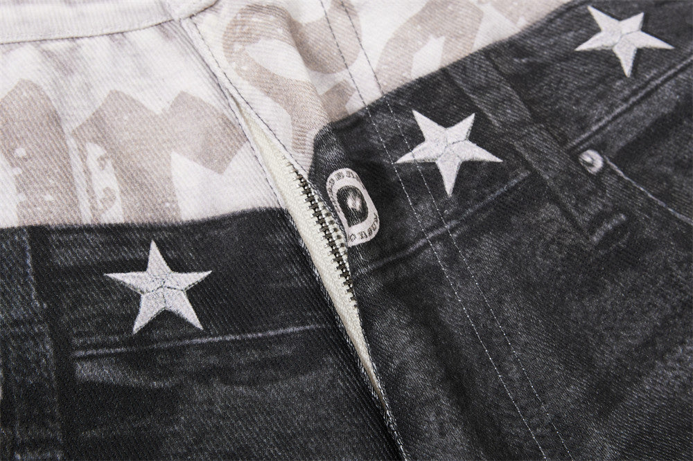 Wide-Leg Distressed Jeans with Faux Double Waistband & Star Detail