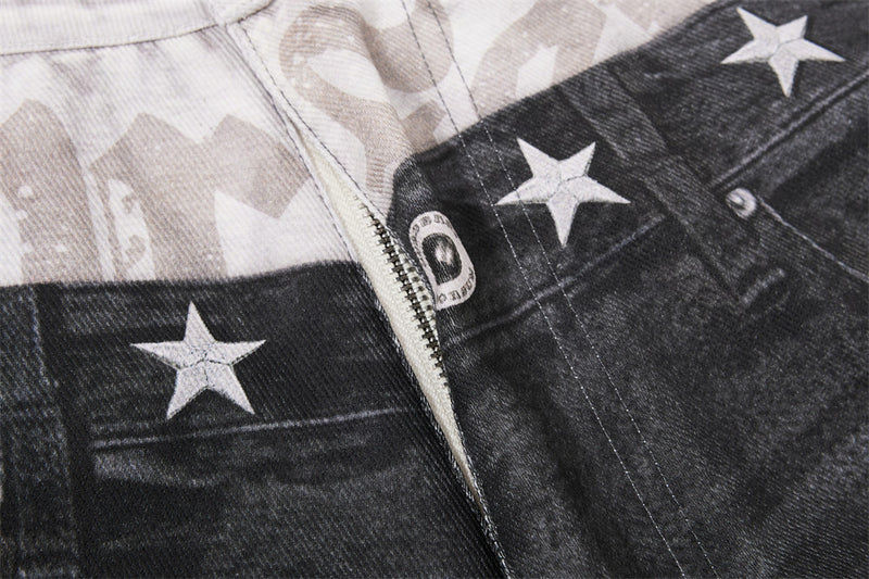 Wide-Leg Distressed Jeans with Faux Double Waistband & Star Detail