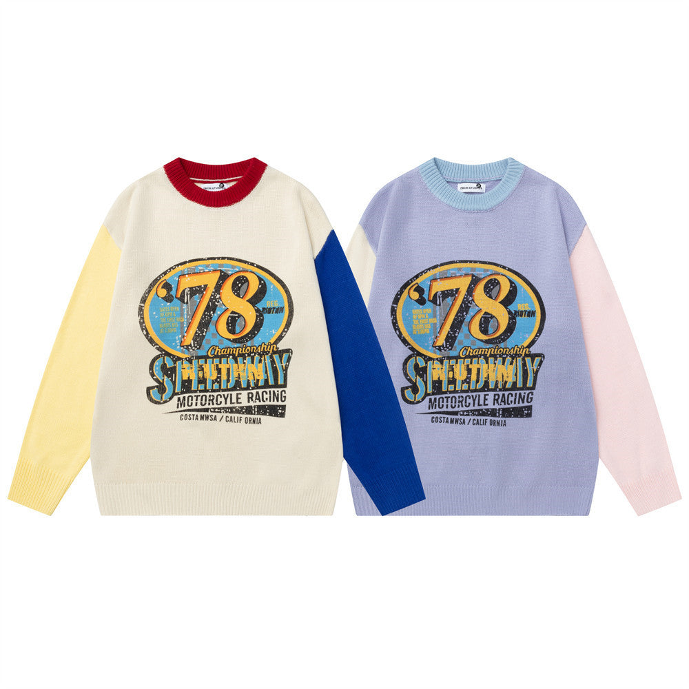 78 Speedway Colorblock Knit Sweater – Oversized Crewneck with Racing Graphic