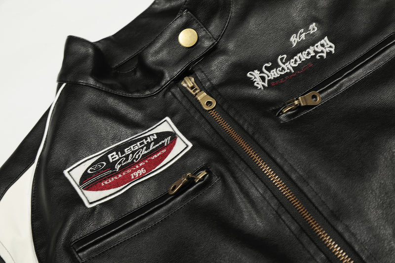 Veste moto de course en similicuir PU – Blouson biker noir à empiècements contrastants