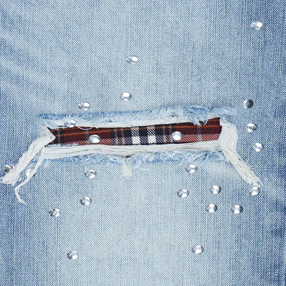 Men's Distressed Flare Jeans – Light Blue Washed Denim with Plaid Patch Detail