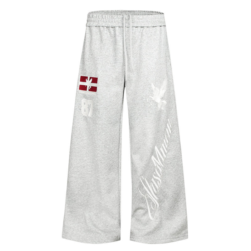 Wide-Leg Sweatpants with Pegasus Embroidery & Letter Patch – Men's Streetwear