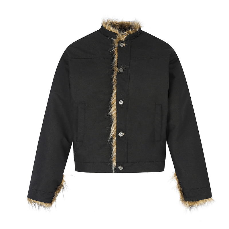 Faux Fur Trim Padded Jacket with Stand Collar & Button Front