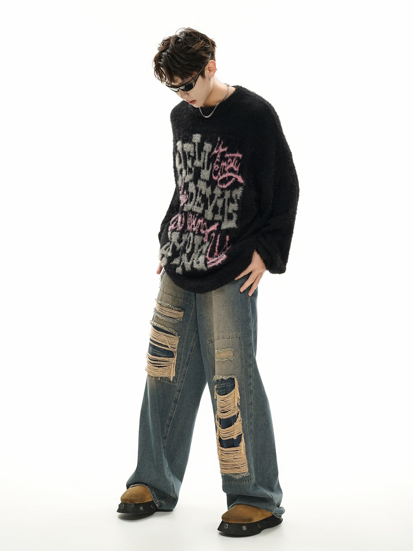 Pull oversize en maille jacquard à lettrage – Hell Is Empty, motif graffiti