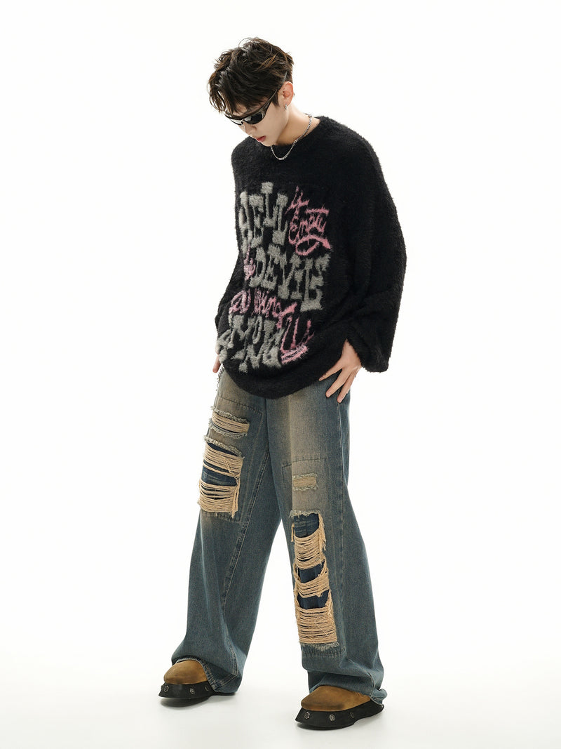 Pull oversize en maille jacquard à lettrage – Hell Is Empty, motif graffiti