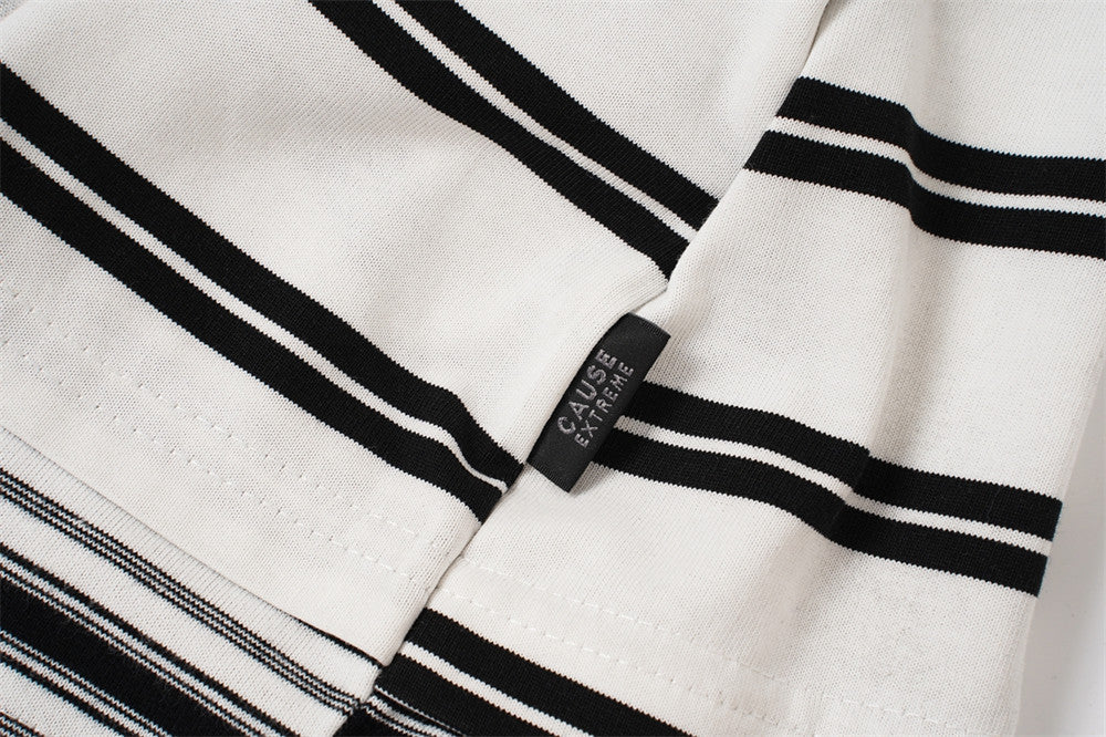 Oversized Striped Polo Shirt – Half-Zip Collar Short Sleeve Tee