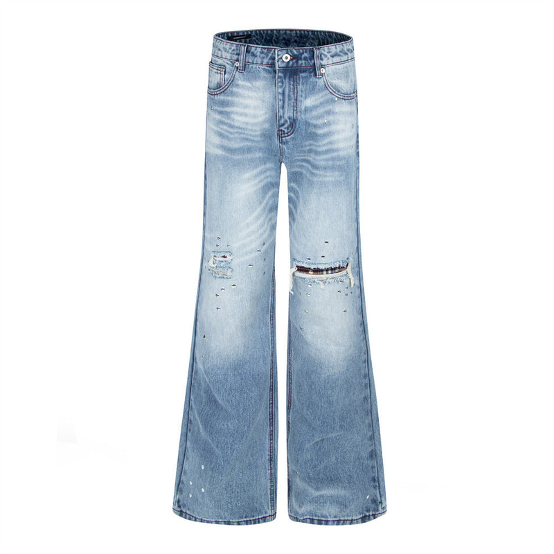 Men's Distressed Flare Jeans – Light Blue Washed Denim with Plaid Patch Detail
