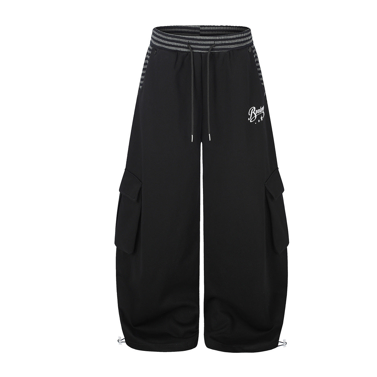 Wide-Leg Cargo Sweatpants with Striped Waistband – Relaxed Fit Parachute Pants
