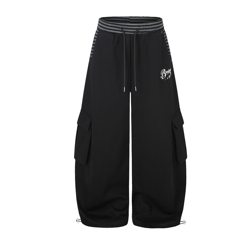 Wide-Leg Cargo Sweatpants with Striped Waistband – Relaxed Fit Parachute Pants