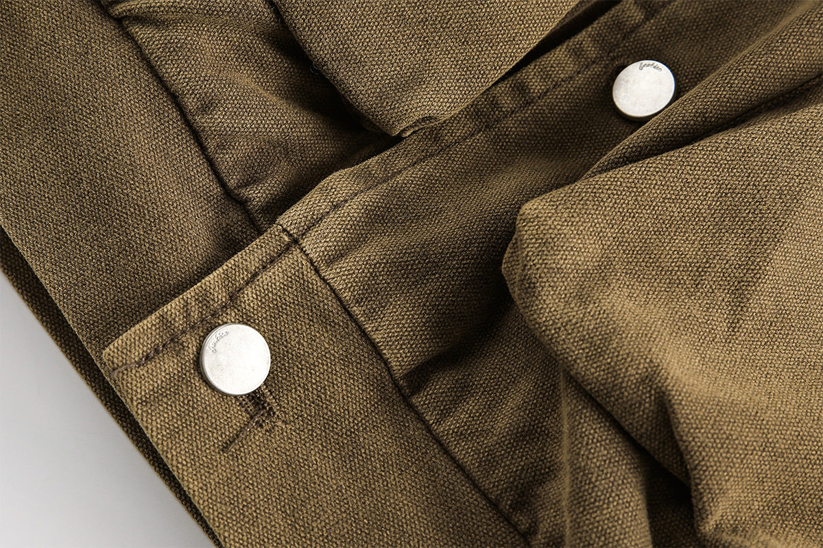 Blouson bomber homme en toile canvas délavée avec grandes poches cargo et col à boucle