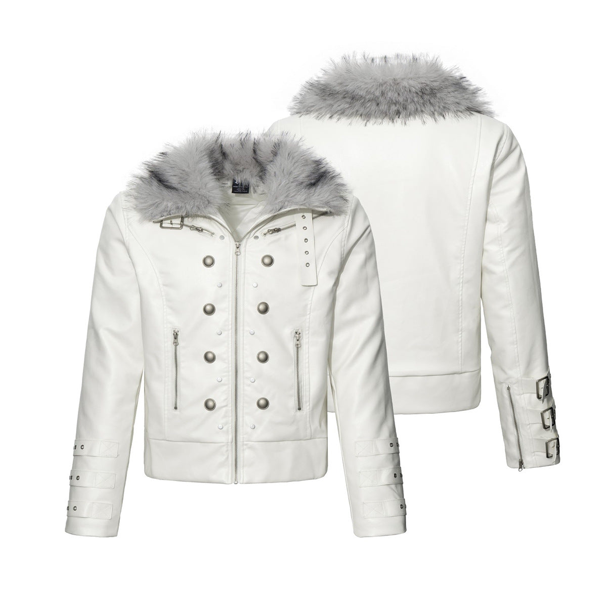 Faux Fur Collar Military Double-Button Moto Jacket – Padded PU Leather Bomber