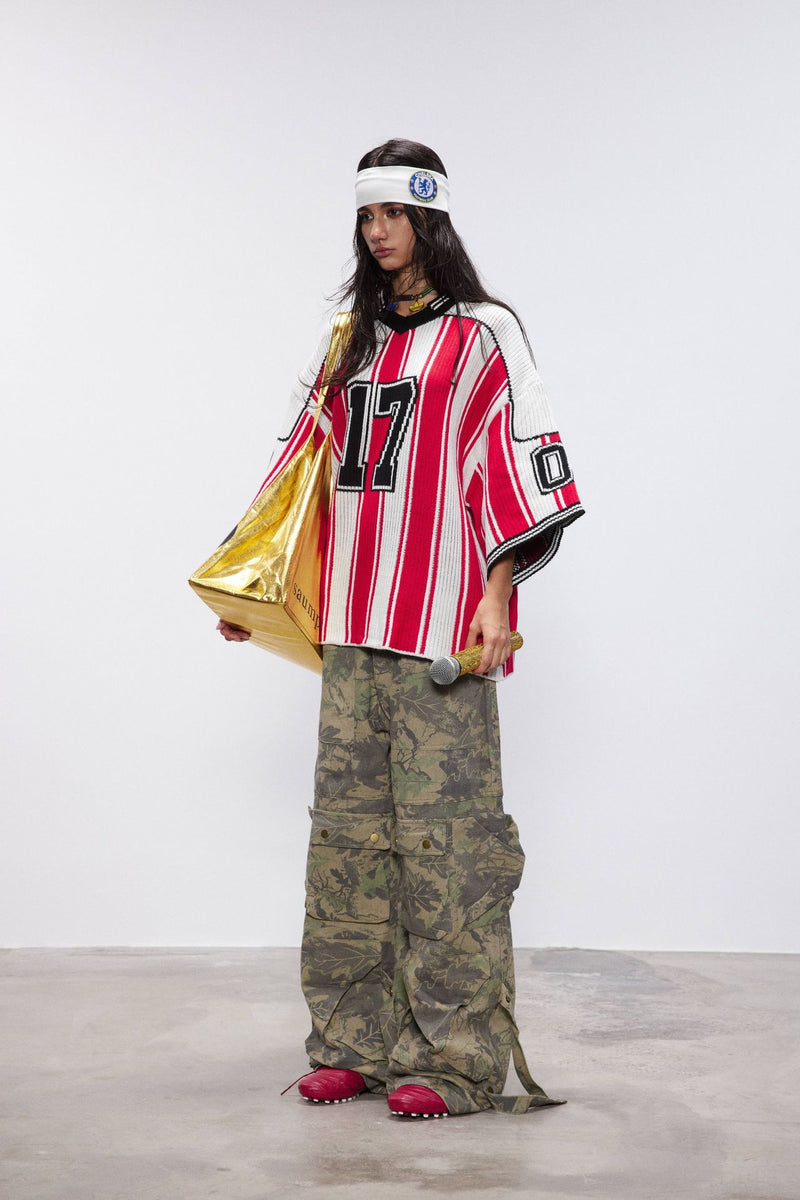 Red and White Striped V-Neck Sweater – Number 17 Oversized Knit Sports Jersey