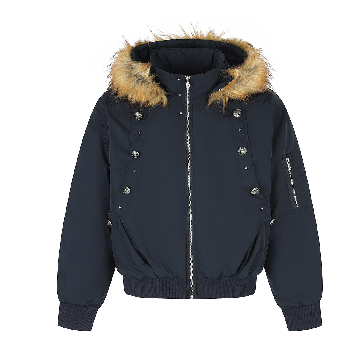 Fur-Trim Hood Bomber Jacket – Padded Winter Flight Coat with Double-Breasted