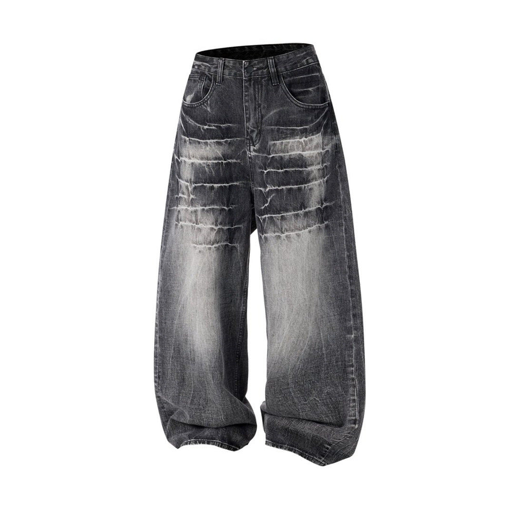 Baggy Dark Wash Jeans – Men's Wide Leg Vintage Punk Distressed Faded Denim