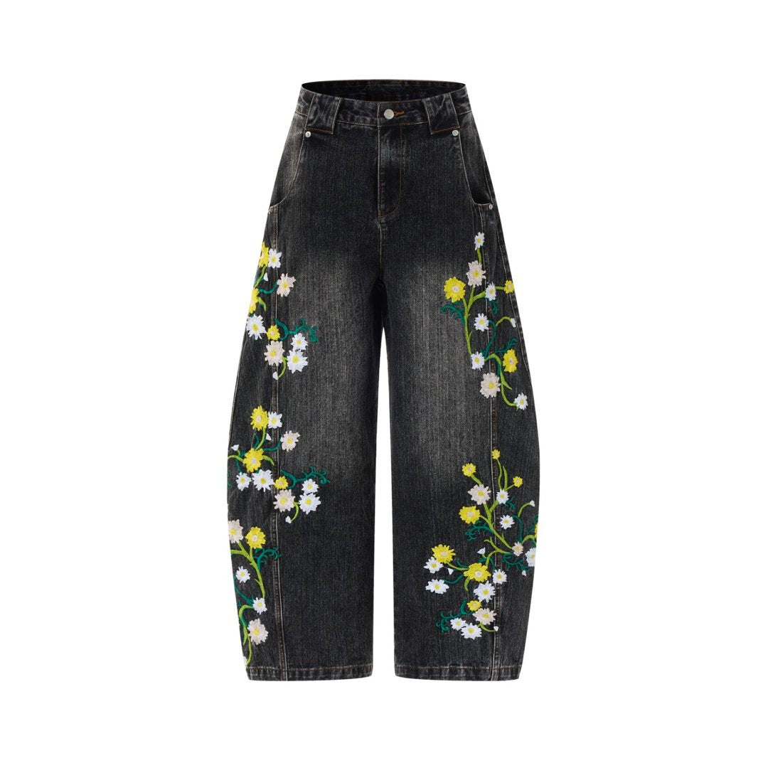 Floral Embroidered Wide-Leg Jeans – Men's Barrel Fit Washed Denim