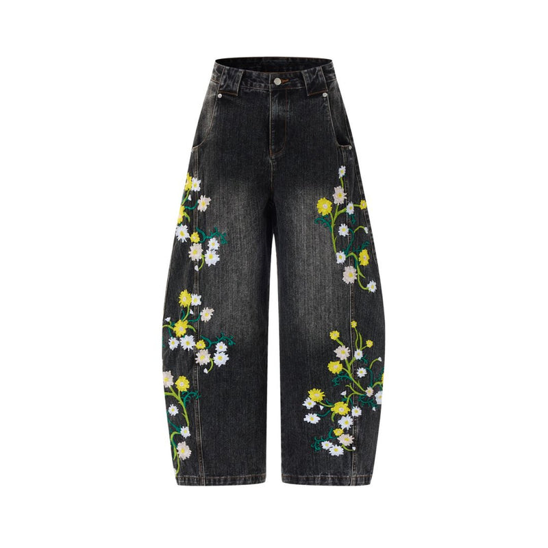Floral Embroidered Wide-Leg Jeans – Men's Barrel Fit Washed Denim