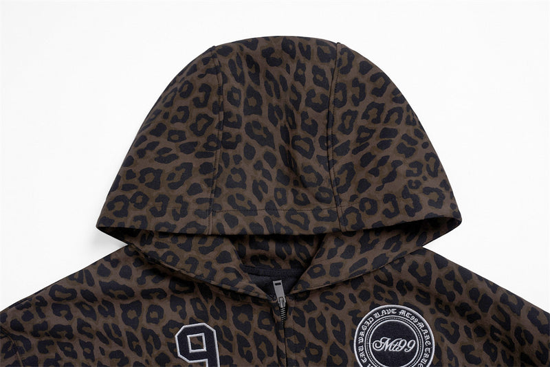 Leopard Print Zip-Up Hoodie – Men's Embroidered Oversized Jacket