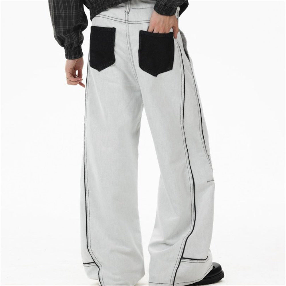 Wide-Leg Jeans Men's Deconstructed Contrast Stitch Baggy Denim Pants