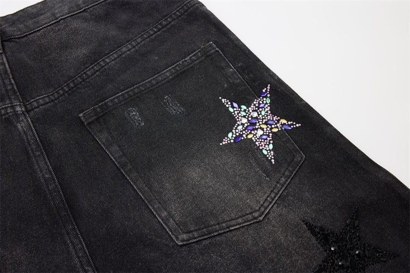 Ripped Baggy Jeans Men – Star Rhinestone & Sequin Wide-Leg Black Distressed