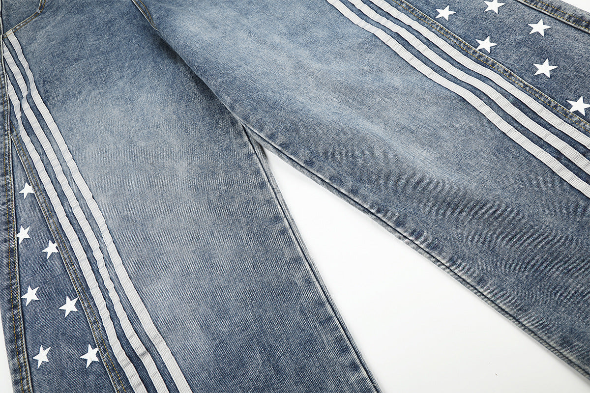 High Waist Baggy Jeans – Star Print Wide-Leg Denim with Triple Stripe Detail