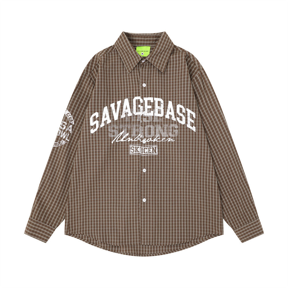 Plaid Long Sleeve Shirt with Varsity Graphic Print – Oversized Relaxed Fit