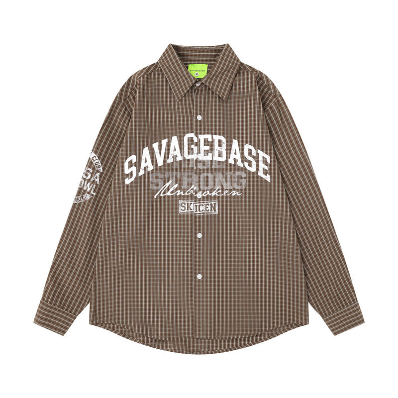 Plaid Long Sleeve Shirt with Varsity Graphic Print – Oversized Relaxed Fit