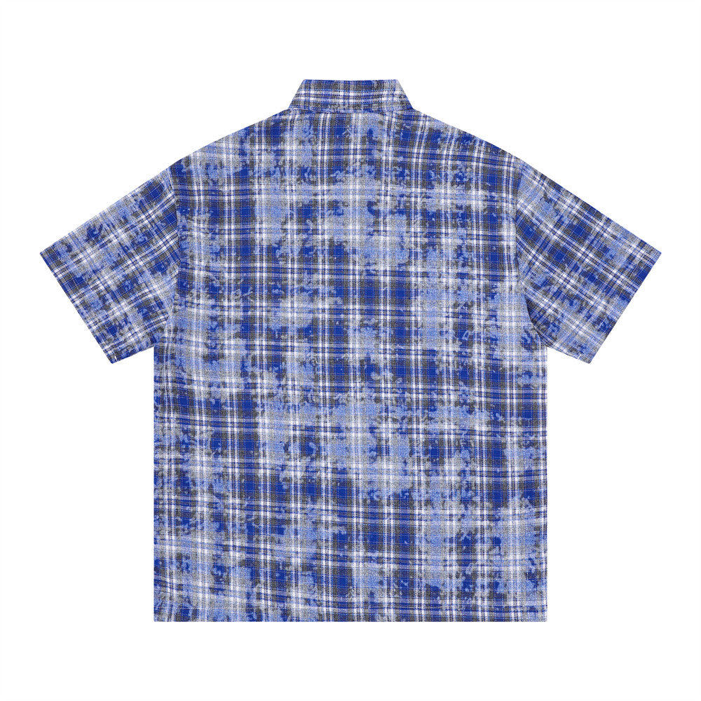 American Vintage Tie-Dye Plaid Short Sleeve Shirt with Dragon Graphic