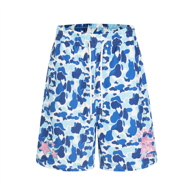Camo Print Shorts Men Star Embroidery Elastic Waist Streetwear Basketball Shorts