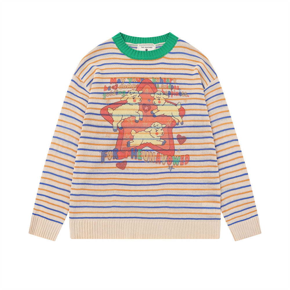 Jersey Extragrande de Cuello Redondo para Hombre – Punto de Rayas con Estampado de Corderos y Estrellas
