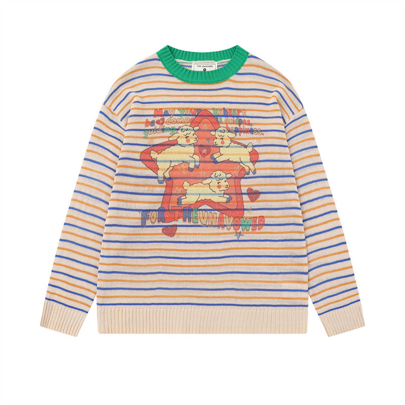 Jersey Extragrande de Cuello Redondo para Hombre – Punto de Rayas con Estampado de Corderos y Estrellas