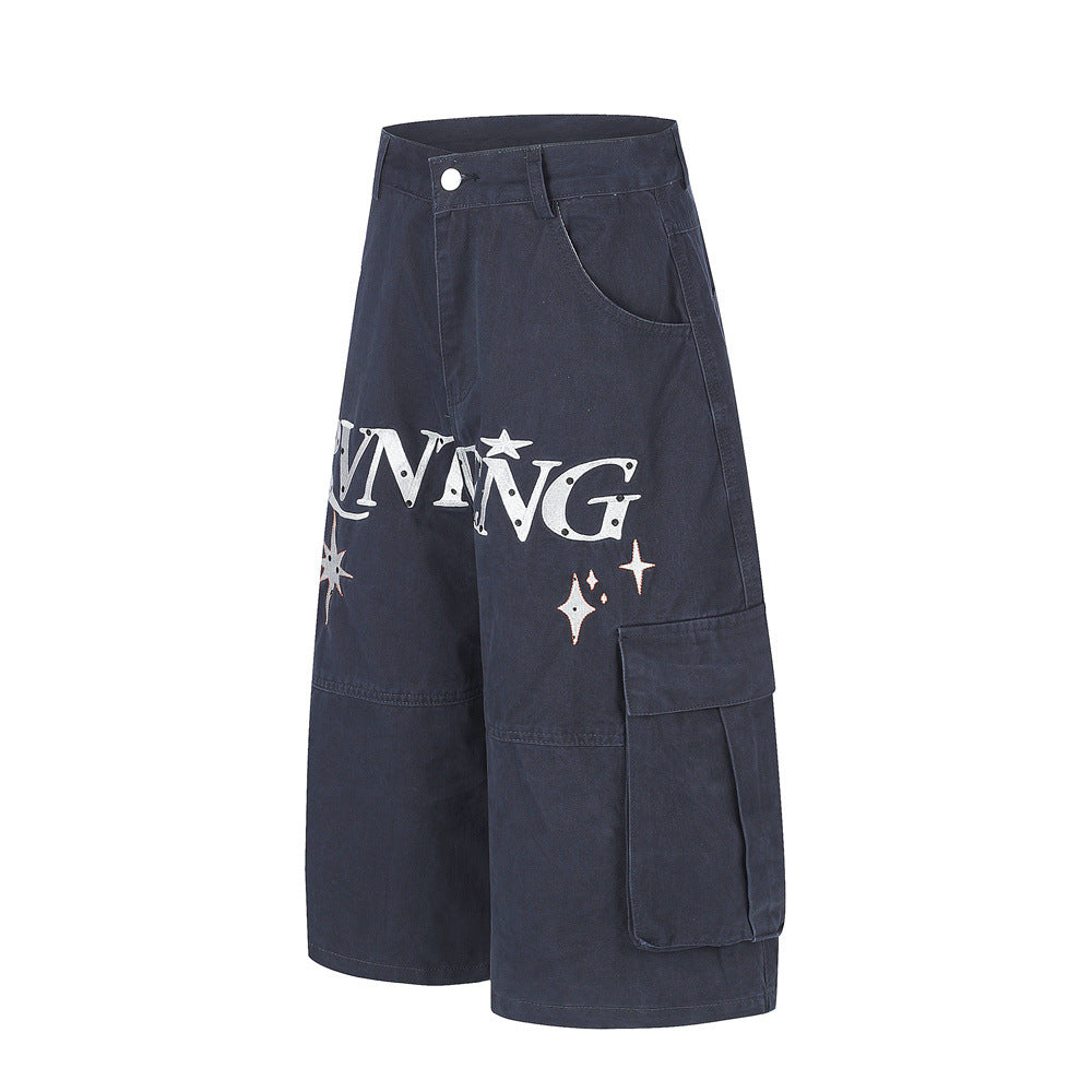 RVNTENG Letter Embroidery Cargo Shorts – Men's Wide Leg Street Style