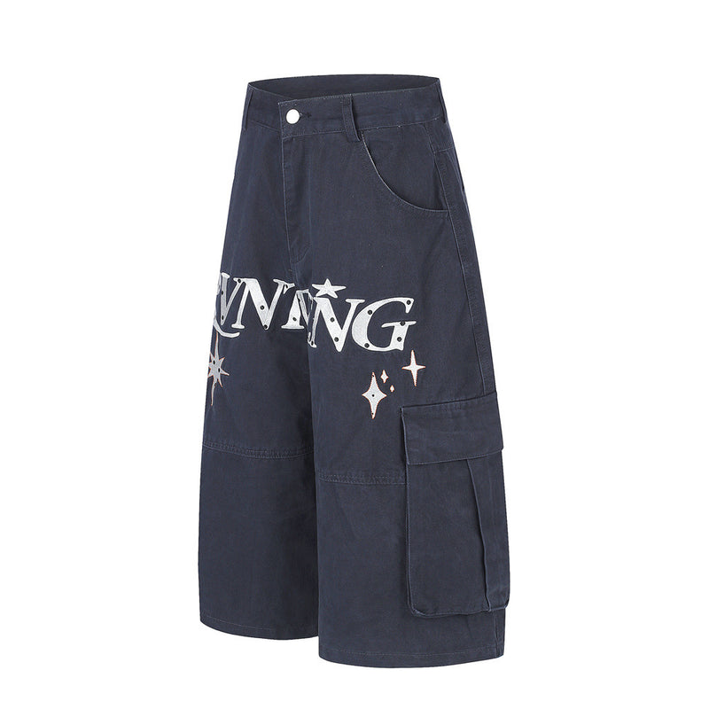 RVNTENG Letter Embroidery Cargo Shorts – Men's Wide Leg Street Style