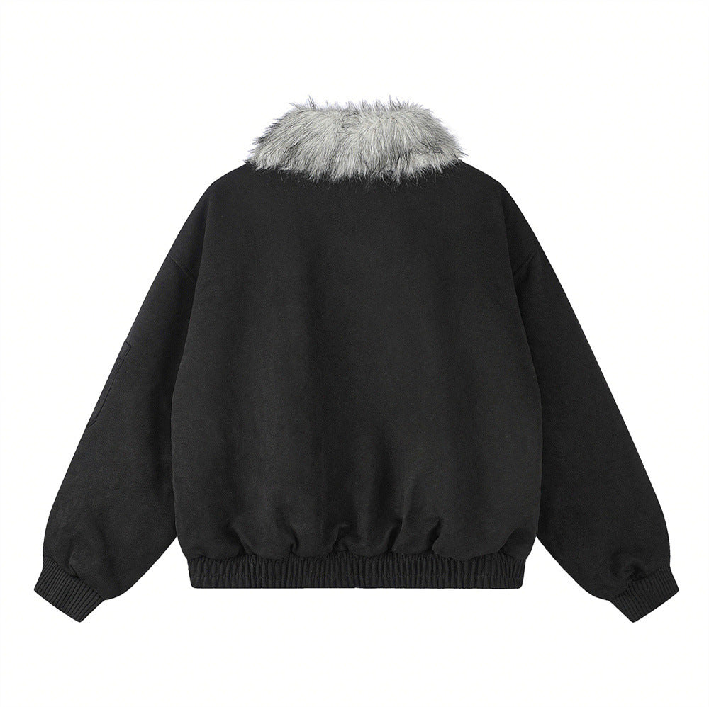 Veste homme doublée sherpa, bomber à col en fourrure avec écusson croix et détails à boucle