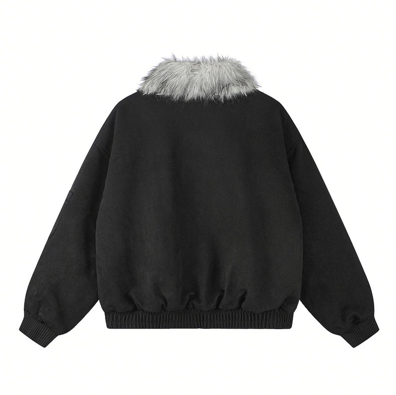 Veste homme doublée sherpa, bomber à col en fourrure avec écusson croix et détails à boucle