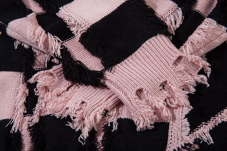 Pull oversize en maille rayée à étoiles délavée – Col rond à franges