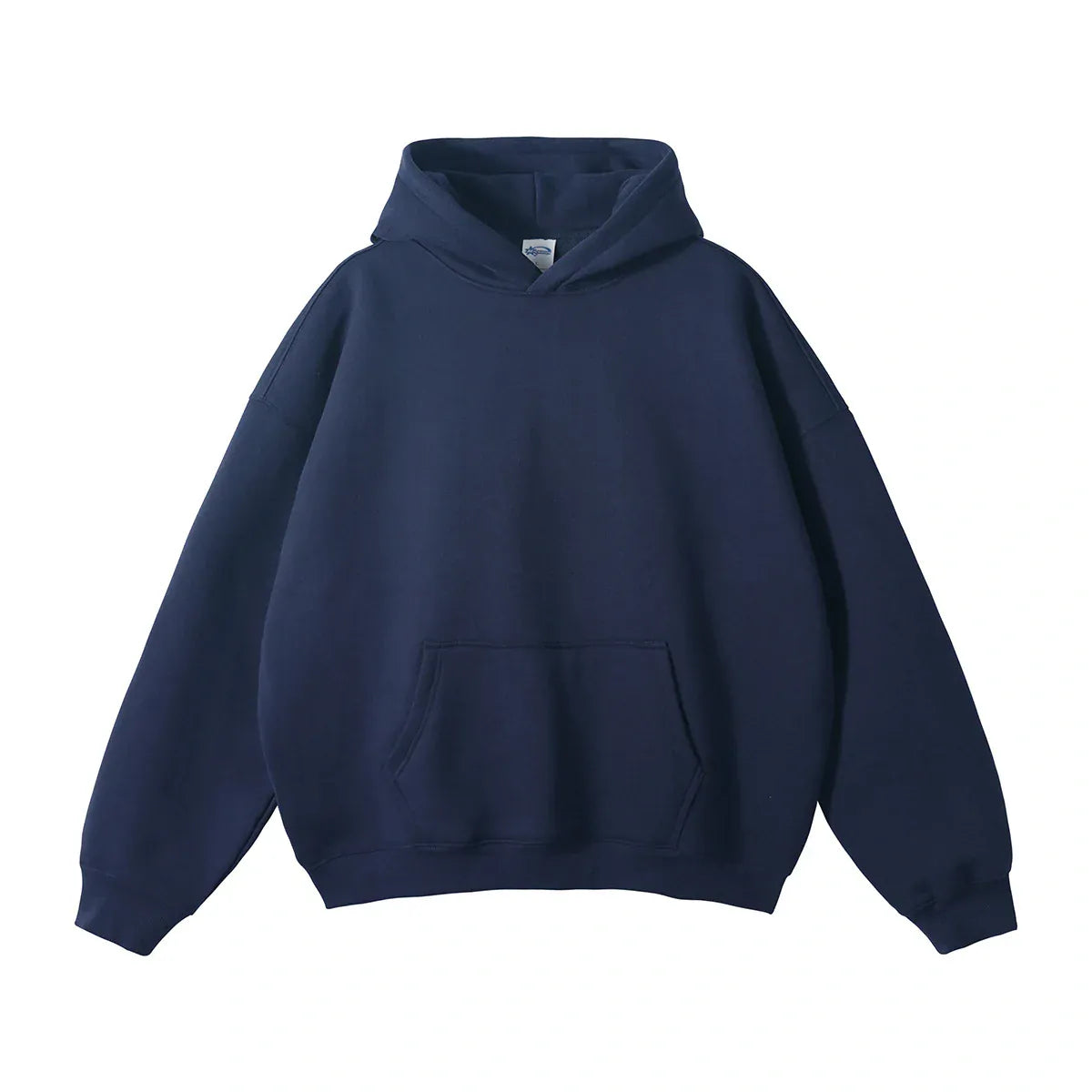 The Custom Anime Character Navy Hoodie is a 350GSM 100% cotton pullover featuring a plain navy design, front kangaroo pocket, and hood, displayed on a white background.