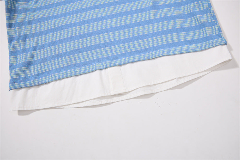 Striped Faux Two-Piece Polo Collar Long Sleeve T-Shirt
