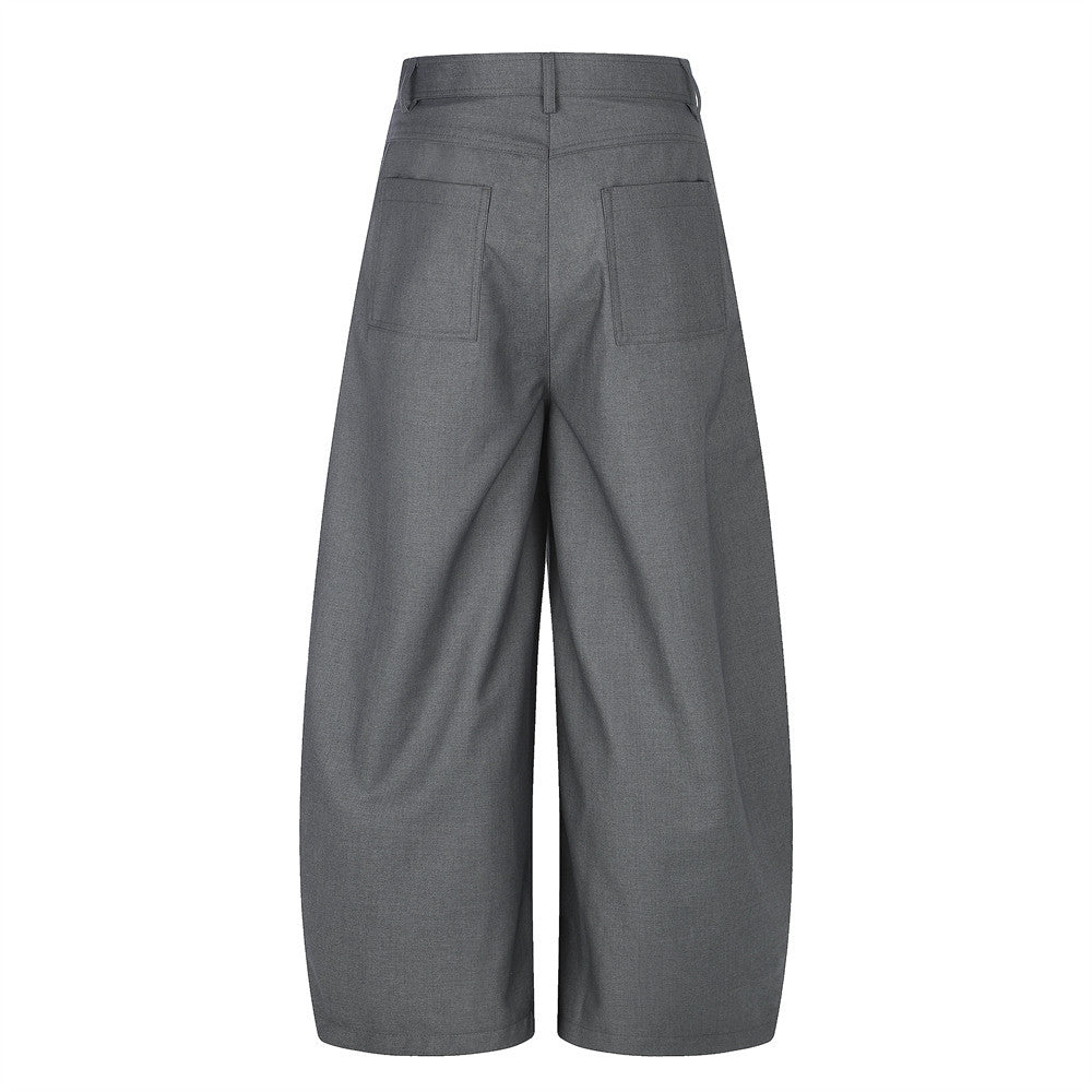 Wide-Leg Pleated Trousers with Diagonal Button Fly
