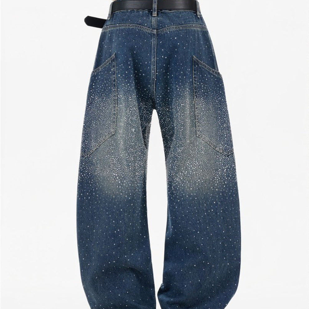 Rhinestone Wide-Leg Jeans – Men's Distressed Denim with Large Cargo Pockets &
