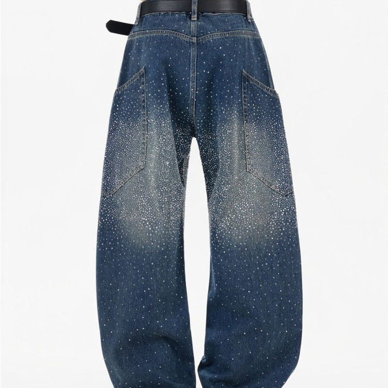 Rhinestone Wide-Leg Jeans – Men's Distressed Denim with Large Cargo Pockets &