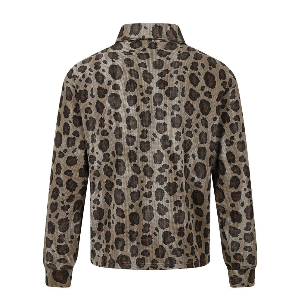 Leopard Print Long-Sleeve Polo Shirt – Relaxed Fit Streetwear Top