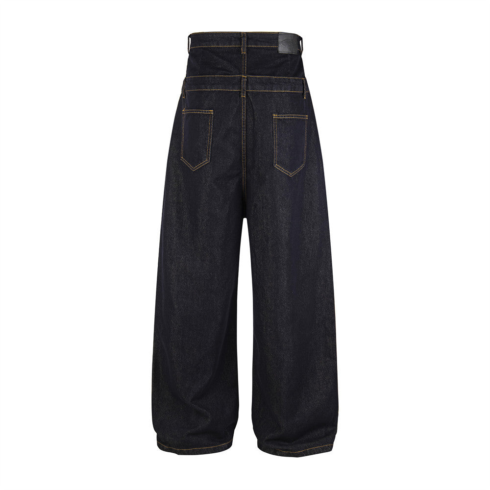 Dark navy high-waist wide-leg jeans with gold leopard-print star embroidery on thighs, front and back view