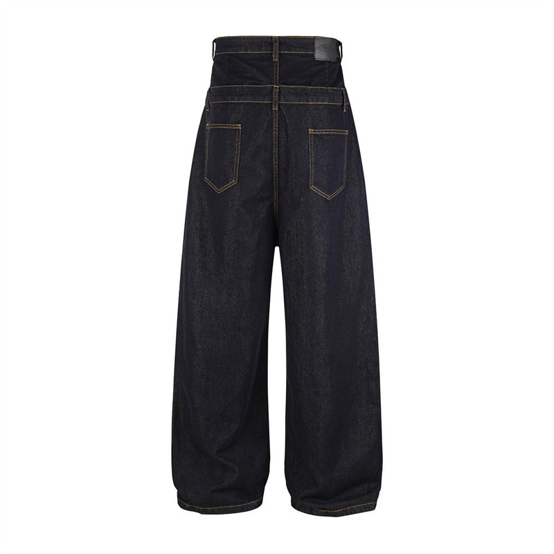 Dark navy high-waist wide-leg jeans with gold leopard-print star embroidery on thighs, front and back view