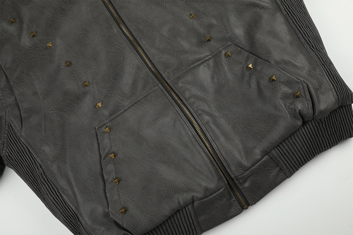 Leather Jacket Fur Collar Studded Hooded Bomber Jacket with Fleece Lining