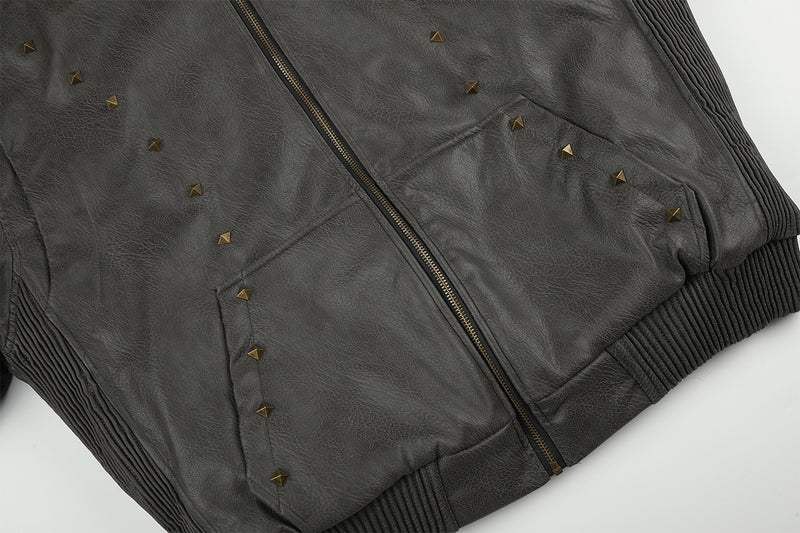 Leather Jacket Fur Collar Studded Hooded Bomber Jacket with Fleece Lining