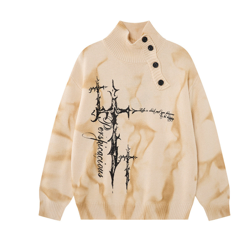 Pull col roulé en maille tie-dye gothique – Croix épineuse, boutons diagonaux