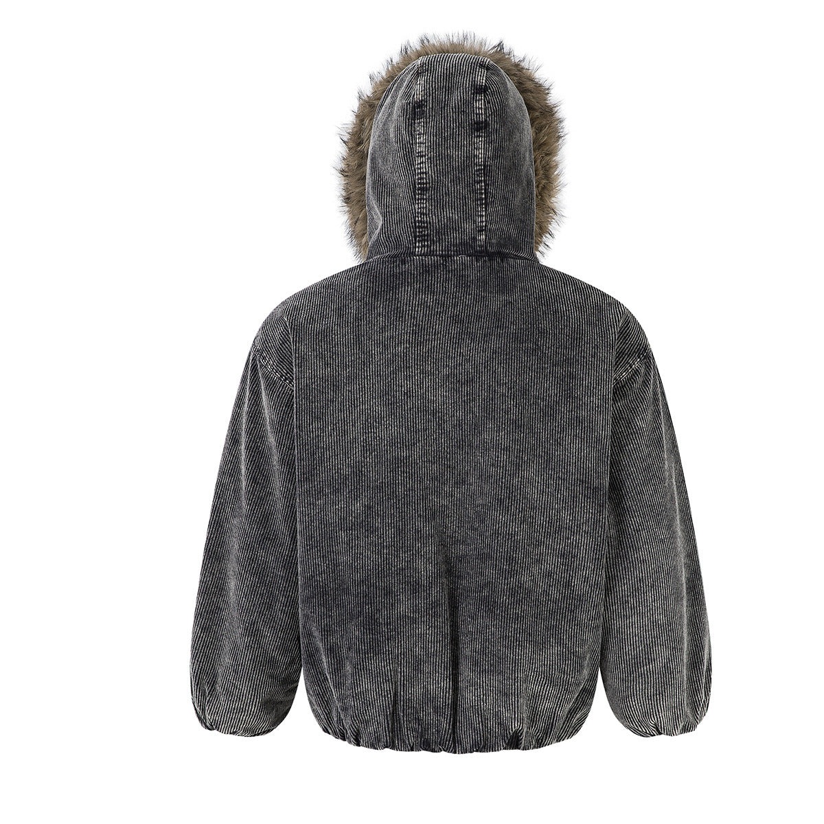 Corduroy Padded Jacket with Faux Fur Hood – Oversized Washed Winter Coat
