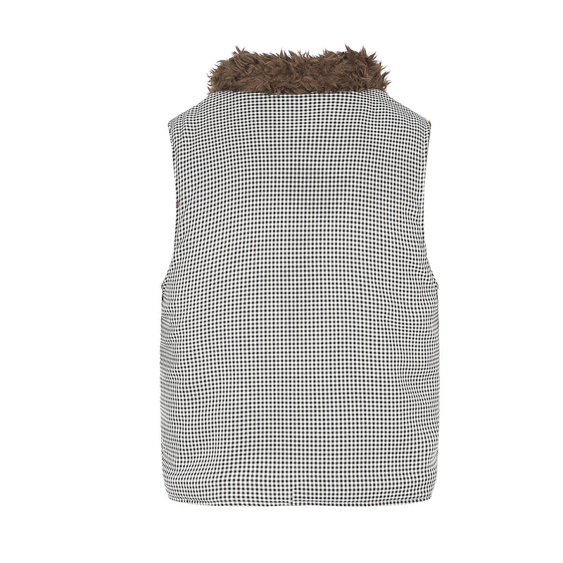 Gilet réversible en polaire teddy et tissu vichy matelassé – Gilet sans manches zippé