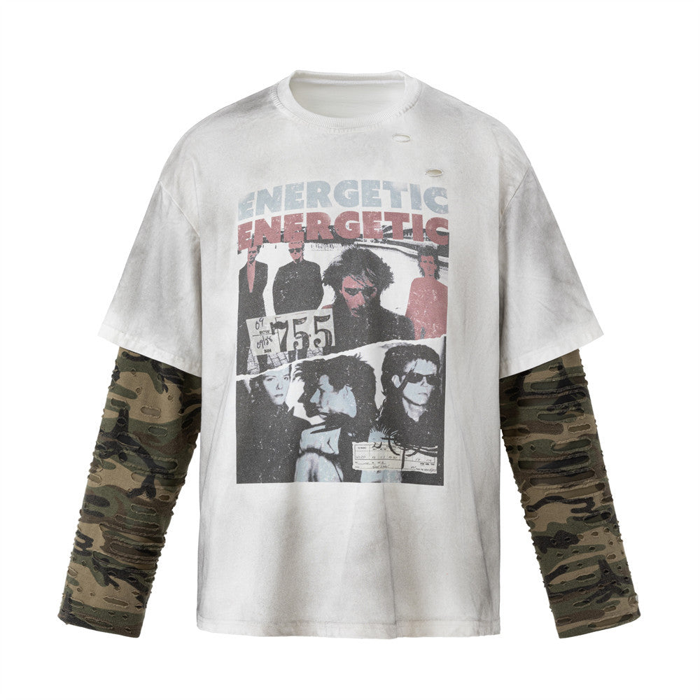Men's oversized washed white graphic tee with distressed camouflage long sleeves and vintage band collage print, front and ba