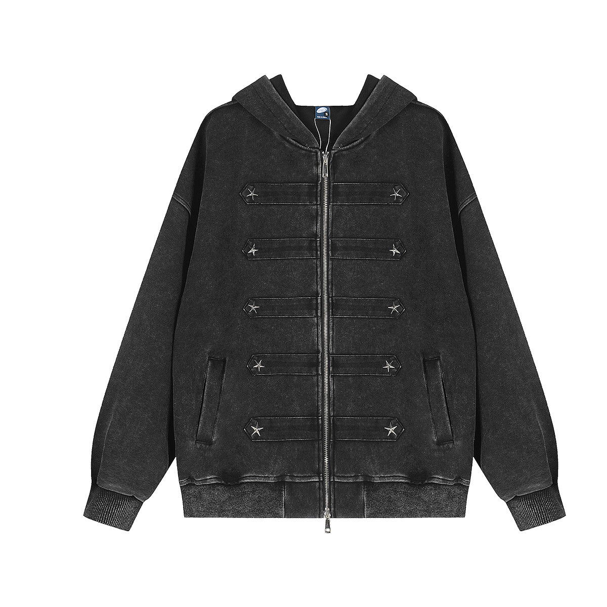 Leopard Print Zip-Up Hoodie with Military Star Band Detail